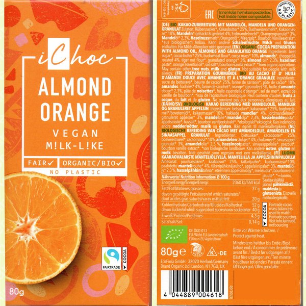 Angebot -40% MHD 5x iChoc Bio Schokolade Almond Orange je 80 g